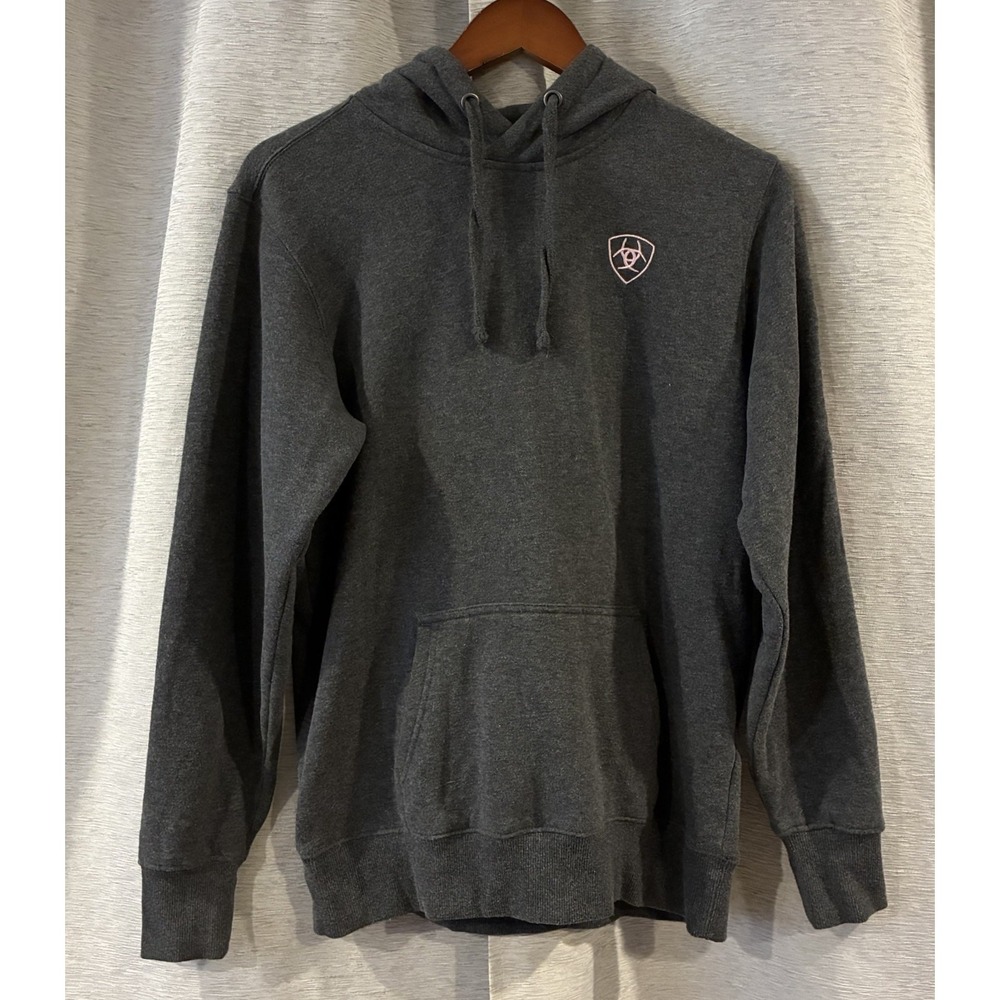 Ariat Sweater‎ Hoodie Womens S Gray Pink Sleeve Logo Fleece Pullover Equestrian
